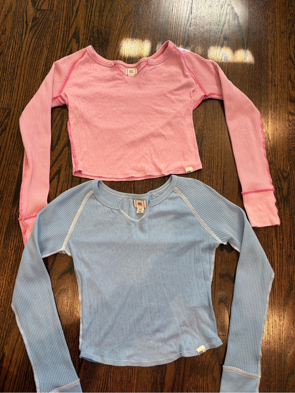 BDG Pink & Light Blue Waffle-Knit Long Sleeve Crop Tops